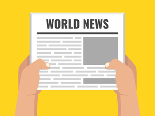 Poster - Hands holding newspaper. Daily business news gazette concept. Paper media tabloid concept. Flat cartoon style. Vector illustration.