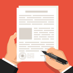 Poster - Businessman hand holding pen and signing business contract. Flat vector illustration.
