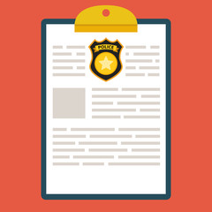 Poster - Hand holding clipboard with completed form for police report. Traffic, parking fine, citation, crime report, problems with police, subpoena concepts. Flat vector illustration.