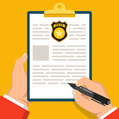 Poster - Hand holding clipboard with completed form for police report. Traffic, parking fine, citation, crime report, problems with police, subpoena concepts. Flat vector illustration.