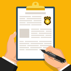 Poster - Hand holding clipboard with completed form for police report. Traffic, parking fine, citation, crime report, problems with police, subpoena concepts. Flat vector illustration.