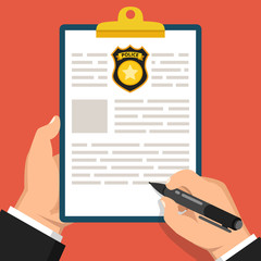 Poster - Hand holding clipboard with completed form for police report. Traffic, parking fine, citation, crime report, problems with police, subpoena concepts. Flat vector illustration.