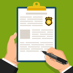 Poster - Hand holding clipboard with completed form for police report. Traffic, parking fine, citation, crime report, problems with police, subpoena concepts. Flat vector illustration.