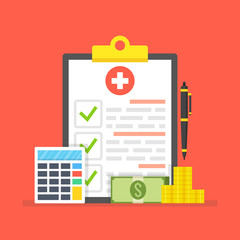 Poster - Medical insurance, medical care concept. Medical clipboard. Vector illustration.