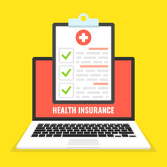 Fototapete - Health insurance concept. Laptop with medical clipboard. Vector illustration.