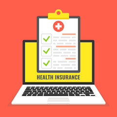 Fototapete - Health insurance concept. Laptop with medical clipboard. Vector illustration.