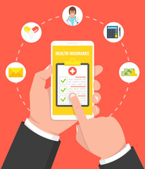 Poster - Health insurance concept. Hand holding smartphone with medical clipboard. Vector illustration.