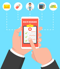 Poster - Health insurance concept. Hand holding smartphone with medical clipboard. Vector illustration.