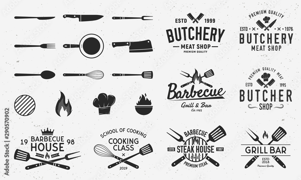 Collection of Butchery, Barbecue and Grill  logos, emblems, labels, badges. Set of 8 logo templates and 13 design elements for logo design. Vector templates - obrazy, fototapety, plakaty 