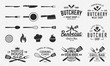 Collection of Butchery, Barbecue and Grill  logos, emblems, labels, badges. Set of 8 logo templates and 13 design elements for logo design. Vector templates