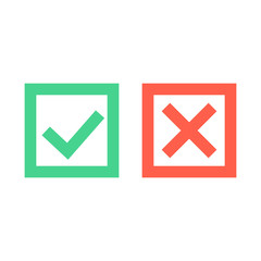 Poster - Check mark icons. Green tick and red cross checkmarks icons set. Flat cartoon style. Vector illustration.