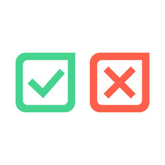 Poster - Check mark icons. Green tick and red cross checkmarks icons set. Flat cartoon style. Vector illustration.