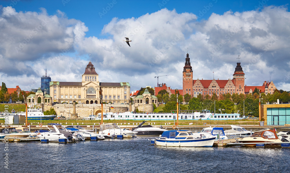 Szczecin cityscape with marina on a sunny day, Poland - obrazy, fototapety, plakaty 