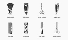Set Of Vintage Monochrome Barbershop Tools And Items. Shaving And Hairdressing Icons. Shaving Brush, Hair Clipper, Barber Scissors, Stripped Pole, Hair Comb, Straight Razor. Vector Illustration