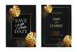 Wedding Invitation cards Monstera Tropical, Black and Golden luxurious, save the date, invitation template, brochure. Invite Vector.