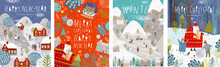 Winter Holidays Merry Christmas And Happy New Year! Vector Illustrations Of Nature, Landscape, Houses, People, And Trees; Drawing Santa Claus And Happy Children And Family In The Forest. Backgrounds.