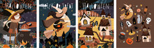Happy Halloween! Vector Cute Illustration Of A Witch Preparing A Potion; Witches On A Broomstick; Scary Houses In A City Or Village And A Set Of Objects. Drawings For Card, Poster Or Background.