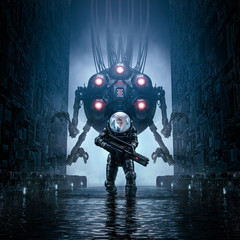 Wall Mural - two on patrol / 3d illustration of science fiction scene showing female military astronaut exploring