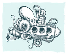 Giant Octopus Plays With A Submarine. Vector Illustration.