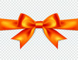 Beautiful orange bow isolated on transparent background, satin bow for gift, surprise, christmas present, birthday. 3D. Vector EPS10