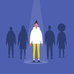 Fame. A female character standing on a stage under the light beam. Outstanding qualities. Skill. Talent. Flat editable vector illustration, clip art