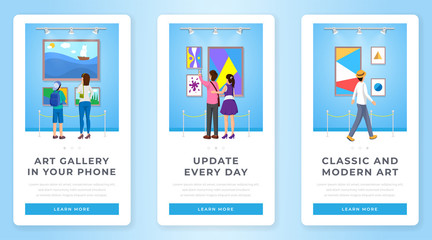 Art gallery mobile app page screens set. Museum visitors enjoying abstract pictures, seascapes on walls. Classic and modern paintings digital collection smartphone interface layout