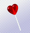 Sweet lollipop in the form of a red heart on a transparent background, tasty candy, lovers, a treat for children. Food, dessert, sugar. 3D effect. Vector illustration. EPS10