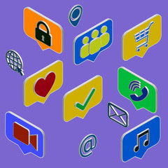Poster - Social media flat 3d isometric concept vector icons. Desktop, chat, video, camera, phone, tablet. Flat web illustration infographics collection. Sign and symbol