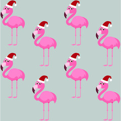 Wall Mural - Cute pink flamingo, santa hat, vector illustration