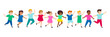© Iuliia - Group of cartoon happy multicultural children girl and boy joyfully run. Cute diverse kids. Vector illustration