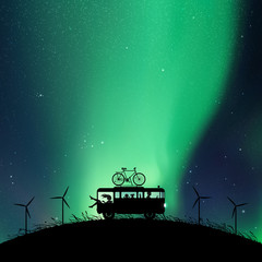 Sticker - Cartoon retro car between windmills at night. Vector illustration with silhouettes of people traveling in camper. Family road trip. Northern lights in starry sky. Colorful aurora borealis