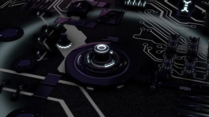 Poster - Beautiful monochrome motherboard with flashing light signals and working processors. Animation. Abstract circuit board with many moving black and white details.