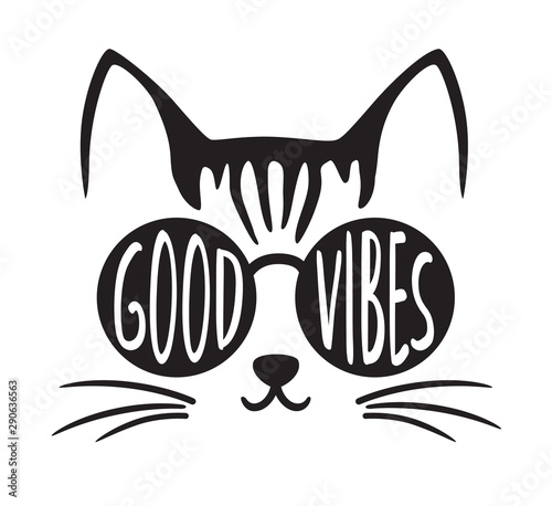 Fotomural Cute good vibes cat wearing sunglasses vector illustration.