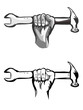 Hand holding hammer and wrench symbol industry concept