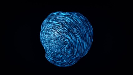 Poster - Amazing blue sphere of liquid substance rotating on black background, seamless loop. Animation. Globe formed by small rhombus shining particles spinning in the dark.