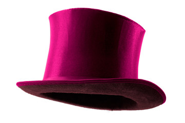 Stylish attire, vintage men fashion and magic show conceptual idea with 3/4 angle on victorian pink top hat with clipping path cutout in ghost mannequin technique isolated on white background