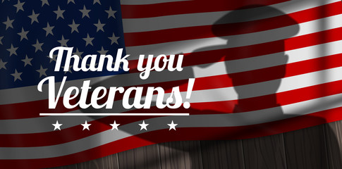 Thank you Veterans saluting soldier shadow silhouette on American flag background