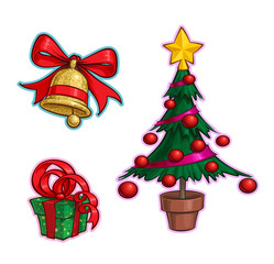 Wall Mural - Christmas Cartoon Icon Set - Bell Gift Tree