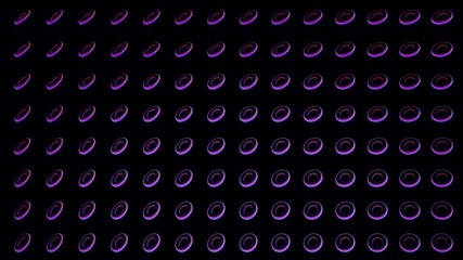 Poster - Abstract pattern with rotating circles on black background. Animation. Glowing spinning rings of purple color in horizontal symmetrical rows, seamless loop.