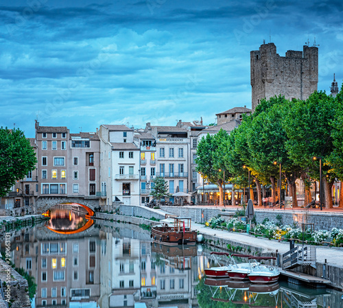 Historic old town of Narbonne, France in dusk