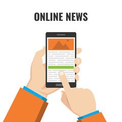 Poster - Hand holding smartphone with online news on the screen. Mobile content concept. Flat vector illustration.