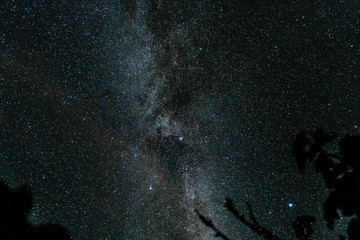 Wall Mural - Overhead milky way with stars in clear summer night. Old barn house. Country side.