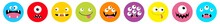 Monster head line icon set. Round head. Boo Spooky Screaming smiling sad face emotion. Happy Halloween card. Three eyes, tongue, teeth fang, mouse. Flat design style. White background.