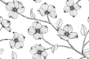 Wall Mural - Dogwood flower and leaves pattern seamless background illustration.