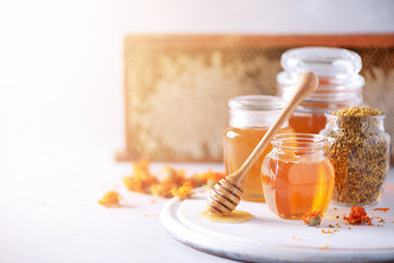 Wall Mural - Herbal honey in jar with dipper, honeycomb, bee pollen granules, calendula flowers on grey background.