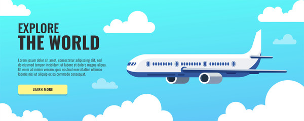 Poster - Flying airplane. International transportation concept. Daytime sky and clouds on the background. Vector illustration.