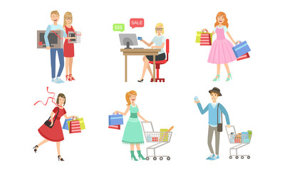 Wall Mural - Collection of People Carrying Shopping Bags with Purchases, Online Shopping, Men and Women Taking Part in Seasonal Sale at Mall, Store or Shop Vector Illustration