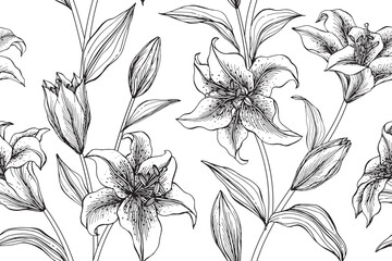 Wall Mural - Lily flower and leaves pattern seamless background illustration.