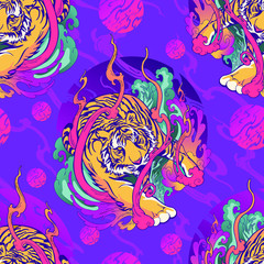 Wall Mural - Tiger walk in fire and smoke wind design tattoo seamless pattern vector with vivid purple pink background 