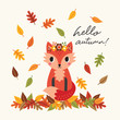 Vector illustration with cute red fox and colorful fall leaves on cream background. Colorful, kawaii Hello Autumn background in flat style for thanksgiving card, web banner, menu, social media.